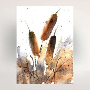 Loose Cattails Watercolor Painting, ARCHIVAL PAPER Print of 'Sunlit Cattails' Nature Landscape, Fall Print, Home Decor, Wall Art Gift, Marsh