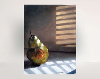 Pear Still Life Painting, Thick ARCHIVAL PAPER PRINT of 'Pear in Morning Light', From Original Oil Painting, Fruit Print, Wall Decor Gift