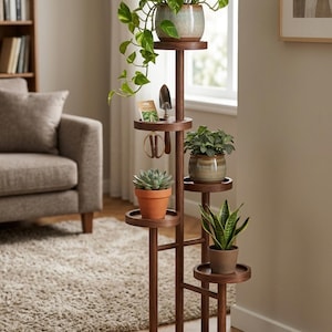 May include: A multi-tiered, dark wood plant stand with several potted plants. The stand has a circular base and multiple round platforms to hold the plants. A small gardening tool set hangs on the stand. The plants include a pothos, succulent, and snake plant.