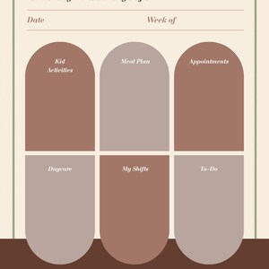 May include: A beige and brown planner titled "Shift Mom Simplified" for working mothers. It includes sections for "Kid Activities," "Meal Plan," "Appointments," "Daycare," "My Shifts," and "To-Do." There are also spaces for the date, week, and notes.