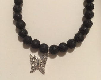 Lava Bead Bracelet with Sterling Silver Butterfly Charm