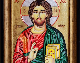 Hand-Painted Christ Icon on Canvas, Framed, with 24k Gold Leaf, Platinum Details and Crystals