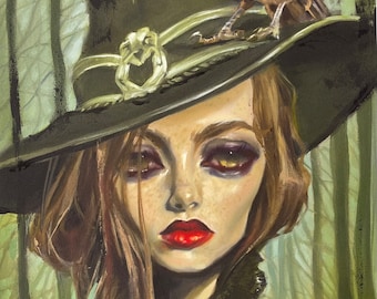 May include: A woman with dark brown hair wears a black witch's hat with a raven perched on top. The raven is holding a bloody eyeball in its beak. The woman has dark eye makeup and red lipstick. She is wearing a black lace dress.