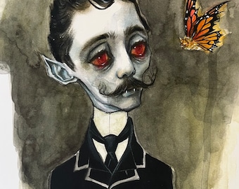 May include: A watercolor painting of a man with a mustache and fangs, wearing a black suit and a white shirt with a black tie. He has red eyes and is looking at a butterfly with orange and black wings.