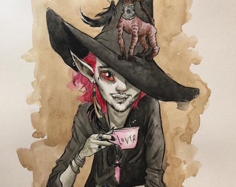 Coffee Witch and kitty series, Brighton and Saffy Cat 8x11" PRINTS! by Dustin Bailard.