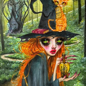 May include: A witch with long red hair and a black hat stands in a forest. She is holding a bottle with a heart-shaped container and a small figure inside. A cat with orange fur sits on her hat, holding a scroll that reads "How to Reverse a Shrinking Spell".