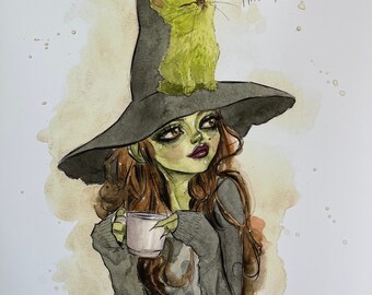 Coffee Witch and kitty series, Amber and Matcha! Cat 8x10” PRINTS! by Dustin Bailard.