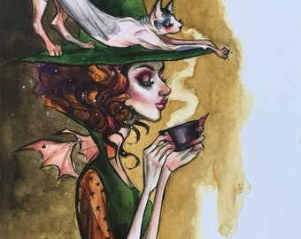 Coffee Witch and kitty series, Carlotta and Josephine Cat 6x11&quot; PRINTS! by Dustin Bailard.