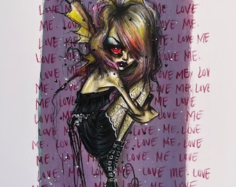 May include: A black and white illustration of a fairy with pink and yellow hair. The fairy is wearing a black dress and black boots. The background is purple with the words "Love Me" repeated many times.