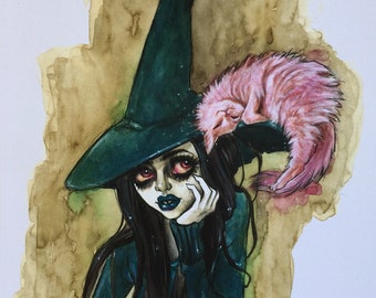 Coffee Witch and kitty series, Lenore and Dusty Rose Cat 8x10” PRINTS! by Dustin Bailard.