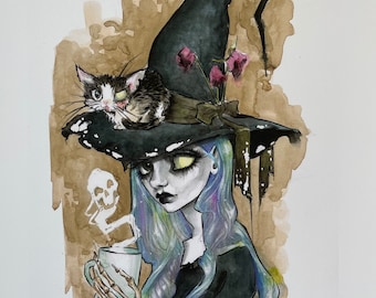 Coffee Witch and kitty series, Opal and Clod Cat 8x10” PRINTS! by Dustin Bailard.