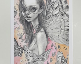 May include: A black and white pencil drawing of a woman with long hair and a butterfly wing. The woman is surrounded by butterflies and moths. The background is a watercolor wash of pink and yellow.