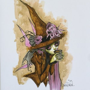 May include: Watercolor painting of a witch with long pink hair wearing a brown witch hat with a pink flower and a small pink creature on top. She is holding a cup and looking down. The background is a brown watercolor wash.
