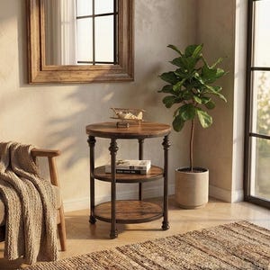 Puede incluir: Una mesa auxiliar redonda de dos niveles con tapa y estantes de madera marrón oscuro, sostenida por patas de metal negro. La mesa tiene una estética vintage y está colocada junto a una planta en maceta y una ventana.