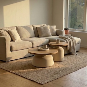 May include: A beige corner sofa with cushions, two round wooden coffee tables, and a woven rug. A blanket and a potted plant sit near a window. The room has a neutral colour palette and natural light.