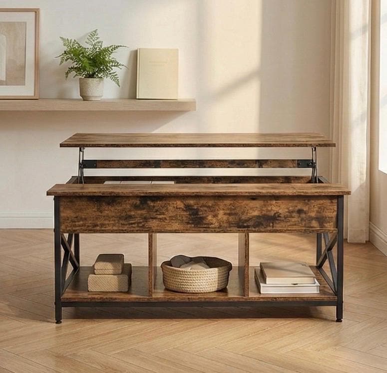 Table Basse Relevable Minimaliste Industrielle - Bois Rustique & Métal Noir 100 cm Rangement Caché, Étagères Ouvertes Style Loft Salon