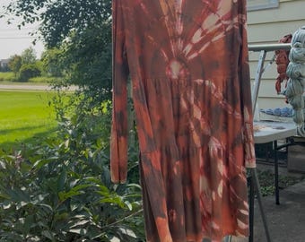 Midikleid mit umgekehrtem Batikmuster, langärmelig, gerippt, braun-rostorange, Herbstmode XL