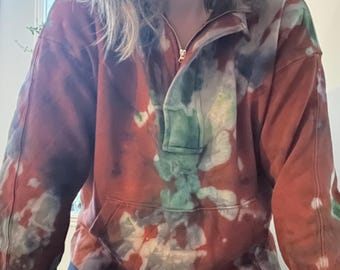 Handmade, Größe L, Reverse Tie-Dyed Half Zip Pullover, Orange, blau, grau