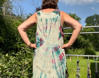 Tankkleid mit umgekehrtem Batikmuster, Türkis-Lila-Galaxy-Look, Upcycling-A-Linien-Kleid, knielang, Sommergröße 2X