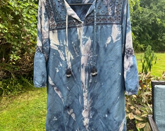 Handmade Reverse Tie Dye Denim Dress | Embroidered 3/4 Sleeve Jean Dress | Upcycled Drip Dyed Boho Clothing, Festival Dress, Women's Large