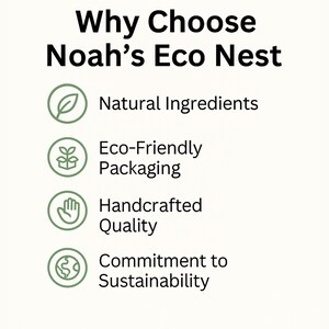 Może przedstawiać: Obraz z tekstem "Dlaczego warto wybrać Noah's Eco Nest" i czterema punktami. Punkty podkreślają naturalne składniki, ekologiczne opakowania, jakość rękodzieła i zaangażowanie w zr&oacute;wnoważony rozw&oacute;j. Tekst jest w kolorze ciemnozielonym.