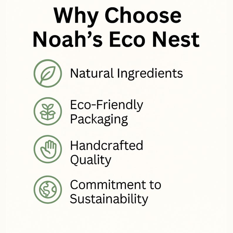 Może przedstawiać: Obraz z tekstem "Dlaczego warto wybrać Noah's Eco Nest" i czterema punktami. Punkty podkreślają naturalne składniki, ekologiczne opakowania, jakość rękodzieła i zaangażowanie w zr&oacute;wnoważony rozw&oacute;j. Tekst jest w kolorze ciemnozielonym.
