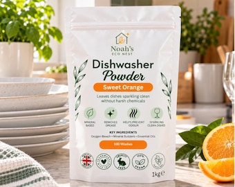 May include: A white 1kg pouch of Noah's Eco Nest Dishwasher Powder in Sweet Orange scent. The packaging features green leaf illustrations, text detailing 100 washes, key ingredients, and icons for mineral-based, grease-removing, and vegan properties.