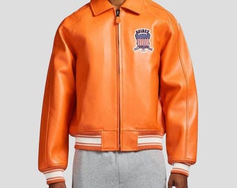 Avirex USA Orange Leather Bomber Jacket American Flight Varsity Style Cowhide Outerwear