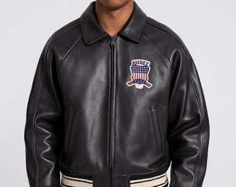 Men's Avirex Black Cowhide Leather Bomber Jacket - Vintage Flight Style