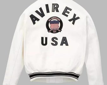 Avirex White Leather Bomber Jacket, USA Edition, Genuine Cowhide