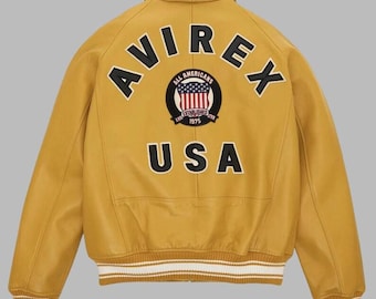 Mens Avirex Yellow Cowhide Leather Bomber Jacket: Vintage Flight Style