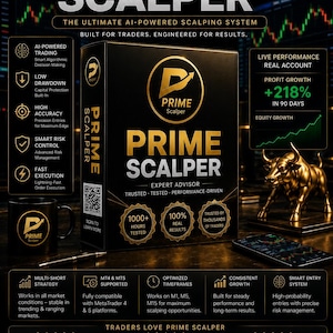 May include: A black box labeled Prime Scalper with gold text and a logo, featuring 2026 updated version branding. The box displays performance statistics, including 1000+ hours tested, 100% real results, and a 218% profit growth claim in 90 days.