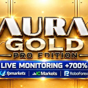 Peut inclure: Un affichage graphique doré présentant le texte AURA GOLD PRO EDITION en lettres métalliques grasses. En dessous, une bannière bleue affiche LIVE MONITORING +700% avec les logos fpmarkets, IC Markets et RoboForex inclus.