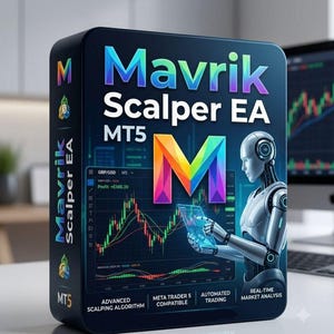 Könnte beinhalten: Eine dunkelblaue, rechteckige Softwarebox mit der Aufschrift Mavrik Scalper EA MT5. Die Vorderseite zeigt ein großes, buntes M, eine Grafik eines Roboters, der mit einem digitalen GBP/USD-Handelschart interagiert, und den Text Advanced Scalping Algorithm.