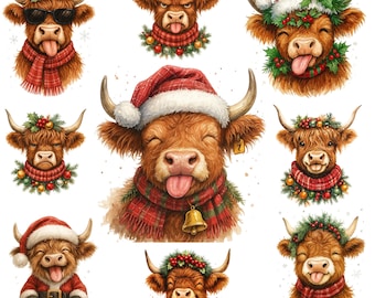 11 Christmas Highland Cow Clipart Png, Christmas Png, Watercolor clipart, High Quality PNG,Digital download, Png designs for crafts Journals