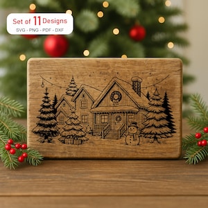 Christmas Village SVG Laser File, Merry Christmas SVG, Engraving Design for Cutting Board, Winter Christmas Scene, Kitchen Decor Gift