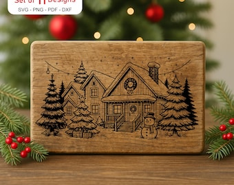 Christmas Village SVG Laser File, Merry Christmas SVG, Engraving Design for Cutting Board, Winter Christmas Scene, Kitchen Decor Gift