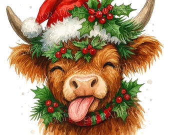 11 Christmas Highland Cow Clipart, Farm Clipart, Printable Watercolor clipart, High Quality PNG, Digital download, junk journals