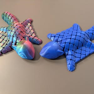 Könnte beinhalten: Zwei 3D-gedruckte Schildkrötenfiguren. Eine ist eine lebendige Mischung aus Rosa, Blau und Grün, während die andere einfarbig blau ist. Beide haben ein strukturiertes, schuppenartiges Muster auf ihren Panzern und einen glatten, abgerundeten Kopf.