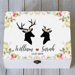 Personalisierte Hochzeit Erinnerungsbox, Hochzeit Erinnerungsbox, Boho Blumenhochzeit Box, Kartenbox mit Hirschen, Hochzeit Kartenhalter, Erinnerungsbox