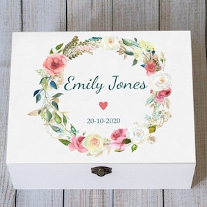 Gepersonaliseerde geheugendoos, aangepaste aandenkendoos, verjaardagsdoos, houten kaartenkist, aangepaste kaartdoos, kaart-/fotohouder, doos bloemen bruidsmeisjes