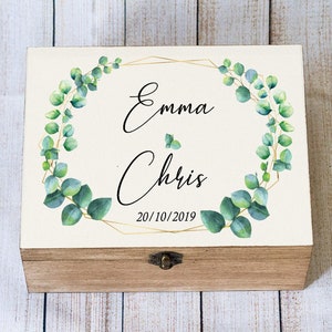 Caja de recuerdos de boda personalizada, caja de eucalipto para boda, caja de recuerdos de boda, caja de madera para tarjetas, caja de tarjetas de boda con vegetación, tarjetero