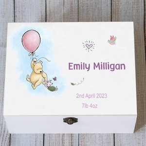 Boîte souvenir personnalisée pour bébé - Boîte souvenir en bois classique Winnie l'ourson - Cadeau de naissance, d'anniversaire ou de Noël, cadeau de baby shower