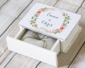 Personalized wedding box, Floral ring box, Eucalyptus greenery wedding box, White Ring Bearer Box, Wooden book box, Proposal box Ring pillow