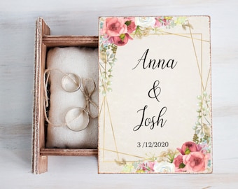Caja personalizada para anillos de boda con diseño floral: Cojín rústico para el portador de anillos