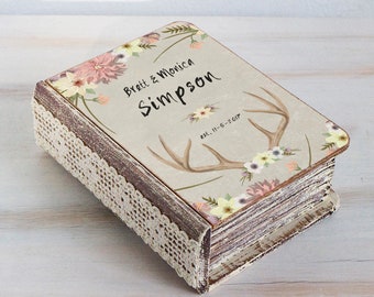 Floral ring box, Antlers wedding box, Personalized Boho chic wedding, ring bearer box, Rustic Wedding box, Custom Ring Holder Engagement box