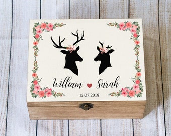 Keepsake Box, Personalized Wedding Card Box, Floral Wedding Box, Card Box with Deers, Custom Memory box, Wedding Card Holder,  Card Chest