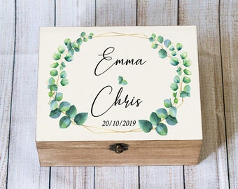 Personalized wedding Keepsake Box, Eucalyptus wedding box, Wedding Memory box, Wooden Card Box, Greenery Wedding Card Box, Card Holder