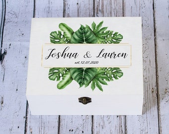 Personalized Tropical Wedding Card Box: Palm Tree Keepsake, Wooden Memory box