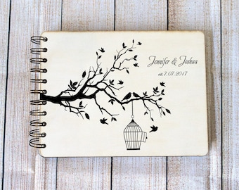 Personalized Wedding Guest Book: Birds Design, Rustic Wood Keepsake